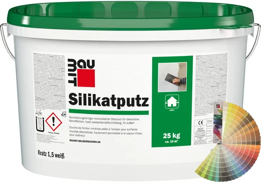 Der Baumit Silikatputz mit 1,5 mm Körnung ist im 25 kg Eimer farbig erhältlich.