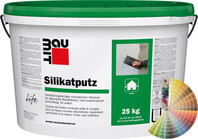 Der Baumit Silikatputz mit 1,5 mm Körnung ist im 25 kg Eimer farbig erhältlich.