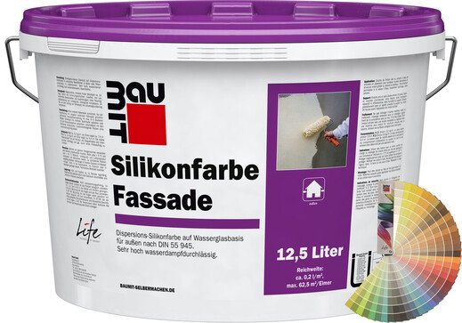 Produktbild: Baumit Silikonfarbe Fassade im 12,5 Liter Eimer mit Baumit Farbfächer.