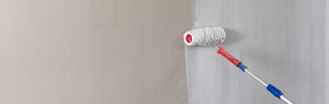 Wand wird mit grosser Farbrolle mit weisser Baumit Universalgrundierung grundiert.