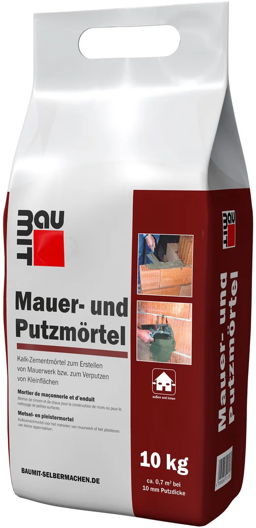 Der Baumit Mauer- und Putzmörtel ist im 10 kg Foliensack erhältlich.