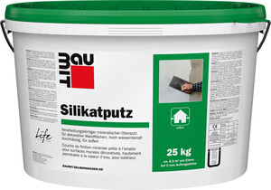 L'enduit au silicate Baumit d'une granulométrie de 2 mm est disponible en seau de 25 kg en blanc.