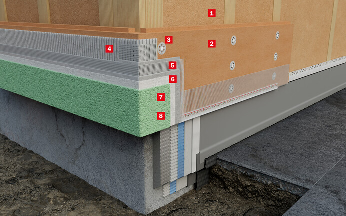 Le graphique de construction montre la structure des couches du système d'isolation suspendu et non ventilé avec des panneaux en fibres de bois douces rainure et languette.