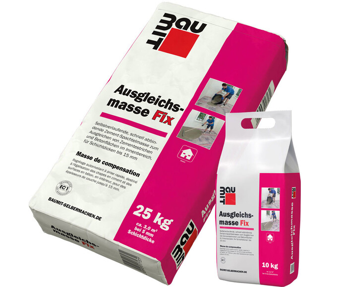 Produktbilder zur Baumit Ausgleichsmasse Fix im 25 kg Sack und 10 kg Sack.