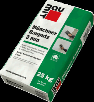 Sac de 25 kg d'enduit fouetté de Munich 3 mm de Baumit, adapté au crépissage de façades avec une structure de friction grossière de 3 mm de granulométrie.