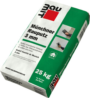 Sac de 25 kg d'enduit fouetté de Munich 3 mm de Baumit, adapté au crépissage de façades avec une structure de friction grossière de 3 mm de granulométrie.