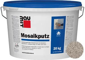 Le crépi mosaïque : teinte M 325 Bellavista est desponible en seau de 20 kg.