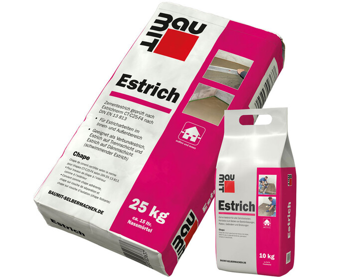 Produktbilder Baumit Estrich im 25 kg Sack und 10 kg Sack.
