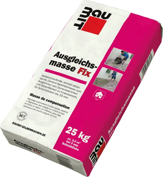 Verpackung von Baumit Ausgleichsmasse FiX, 25 kg, für Innenräume, ideal für Renovierungen mit schnellem Abtrocknen und Selbstverlauf.