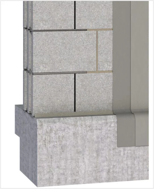 Structure de façade avec couche d'isolant, enduit renforcé et enduit de finition, illustrée sur un angle de bâtiment.