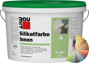 La peinture intérieure au silicate Baumit est disponible dans des teintes pastel en seau plastique de 5 litres.