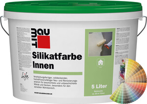 La peinture intérieure au silicate Baumit est disponible dans des teintes pastel en seau plastique de 5 litres.