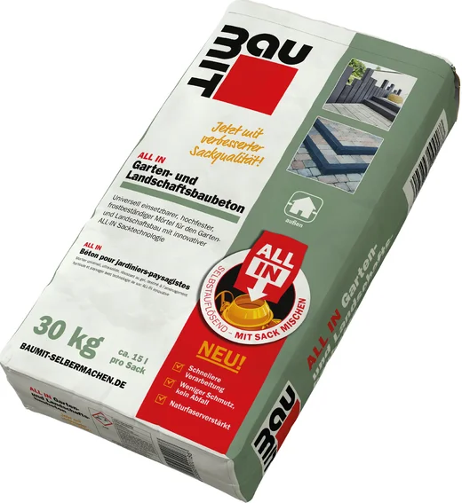 Le béton ALL IN pour jardins et aménagements paysagers Baumit est disponible en sac en papier de 30 kg.