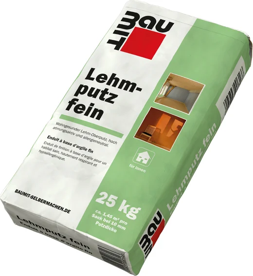 Baumit Lehmputz fein: 25 kg Sack für hochwertige Innenwandgestaltung, atmungsaktiv ohne Zusatzstoffe, ideal für DIY-Projekte.