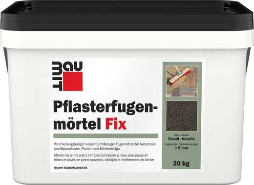 Behälter mit Baumit Pflasterfugenmörtel Fix, geeignet für Natur- und Betonsteine, ideal für Heimwerkerprojekte im Gartenbau.