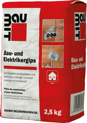 Le plâtre pour la construction et l'électricité Baumit est disponible en sac en papier de 2,5 kg.