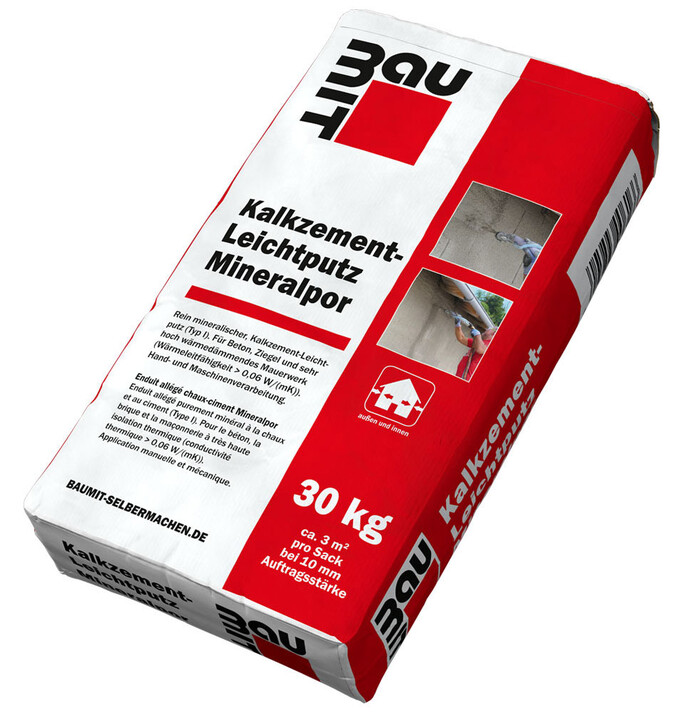 Produktfoto: Baumit Kalkzement-Leichtputz Mineralpor - roter 25 kg Sack auf weissem Hintergrund.