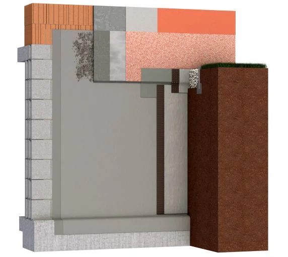 Illustration d’une isolation de façade avec différents matériaux de construction, couches et structure pour une isolation thermique efficace.