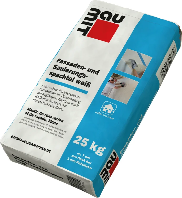 L'enduit pour façades et rénovation blanc Baumit est disponible en sac en papier de 25 kg.