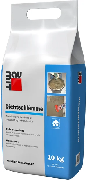 L'enduit d'étanchéité minéral Baumit est disponible en sac en film plastique de 10 kg.