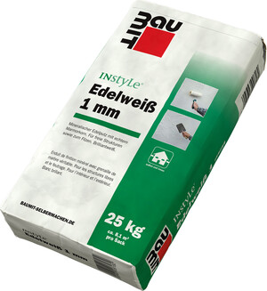 L'enduit noble InStyle Edelweiss avec une granulométrie de 1 mm est disponible en sac de 25 kg.