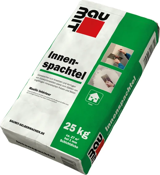 Enduit de lissage intérieur Baumit 25 kg, idéal pour les murs lisses et plats ; adapté aux espaces intérieurs, facile à appliquer pour les projets de bricolage.
