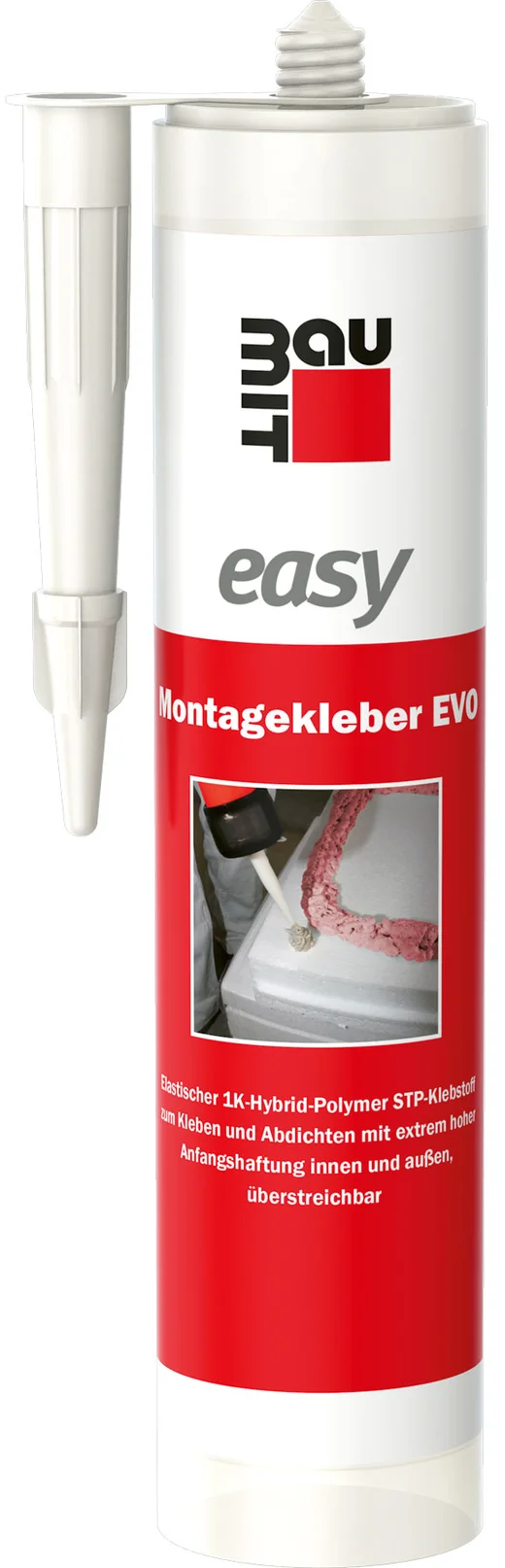 Colle de montage Baumit EVO pour des applications variées de montage et d’étanchéité en intérieur et en extérieur, facilement recouvrable par peinture.