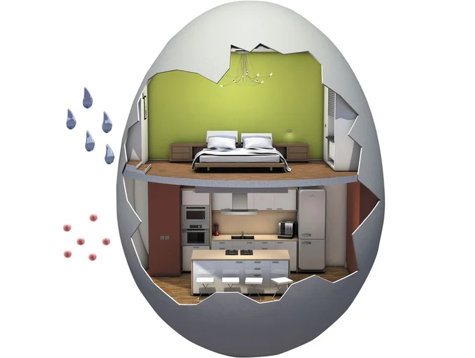 Aménagement intérieur et isolation thermique : coupe transversale d’une maison en forme d’œuf comprenant une cuisine et une chambre. Incite à la rénovation.