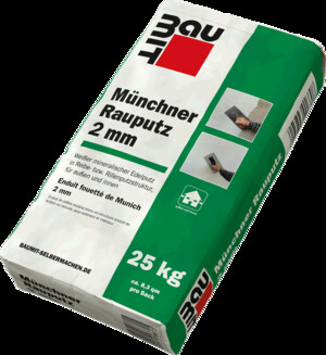 Sac de 25 kg d'enduit fouetté de Munich 2 mm de Baumit, adapté au crépissage de façades avec une structure finement frottée de 2 mm de granulométrie.
