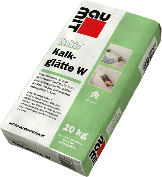 Baumit Kalkglätte W, 20 kg Sack mit Anleitung für glatte Oberflächen innen; ideal für Heimwerkerprojekte zur Wandveredelung.