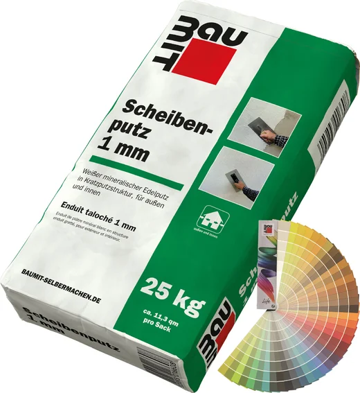 Baumit Scheibenputz 1 mm, 25 kg Sack mit Farbfächer für Innen- und Außenputzarbeiten in Kratzputzstruktur.
