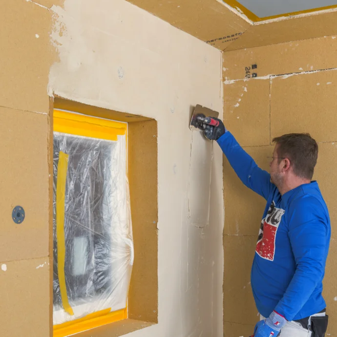 Heimwerker glättet Wand mit Putz an einem Fensterrahmen, um eine ebenmässige Oberfläche zu schaffen.