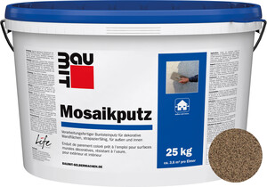 Le crépi mosaïque : teinte M 318 Rax est desponible en seau de 25 kg.