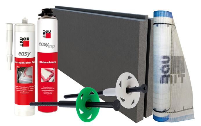 Le panneau isolant EPS avec rainure et languette, la mousse adhésive easytop et la colle de montage easy EVO sont des composants du système easytop de Baumit pour ETICS.