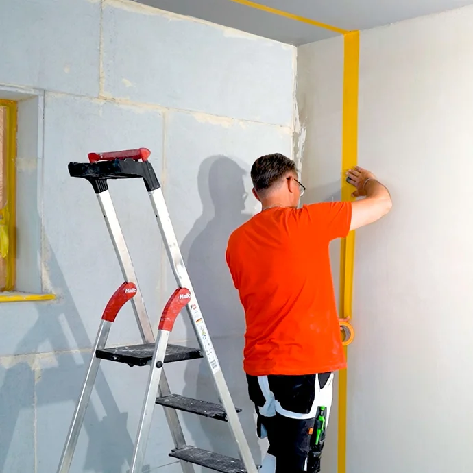 Mann klebt den angrenzenden Bereich an der Wand mit Klebeband ab.