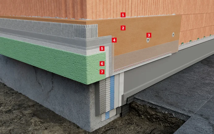 Le graphique de construction montre la structure des couches du système d'isolation collé et chevillé avec des panneaux en fibres de bois douces avec formation des arêtes à chant droit.