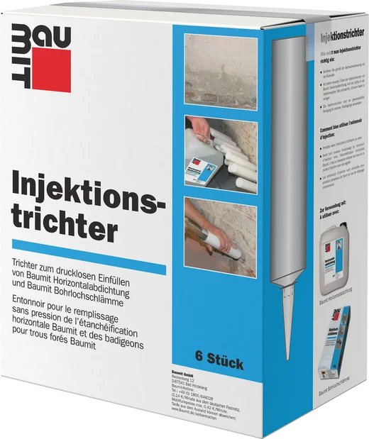 Kit d’entonnoirs d’injection pour l’étanchéification sans pression de la maçonnerie, accompagné d’une instruction pour une application simple.