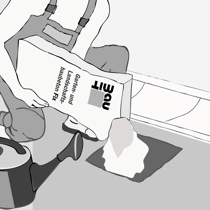 Der Boden und die Wände des zuvor ausgegrabenen Lochs wird stark mit Wasser angefeuchtet. Der Garten- und Landschaftsbaubeton Fix wird direkt danach trocken aus dem Sack in einer Schichtdicke von 10 cm in das Loch gekippt.