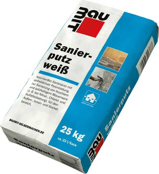 Baumit Sanierputz weiß, 25 kg Sack - ideal für feuchte Wände und Keller, verbessert Raumklima durch hohe Feuchtigkeitsregulierung.
