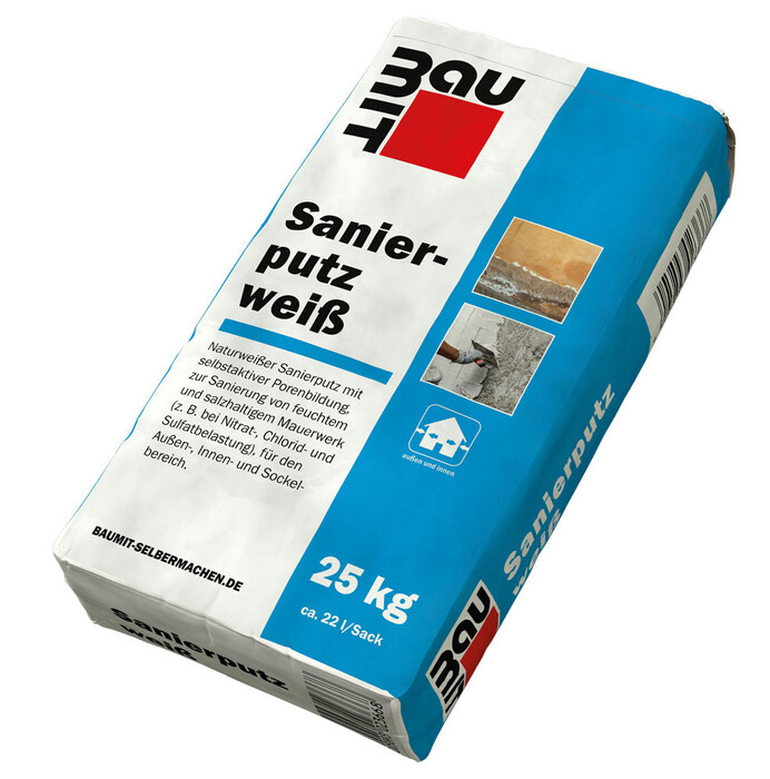 Produktfoto: Baumit Sanierputz weiss im blauen 25 kg Sack.