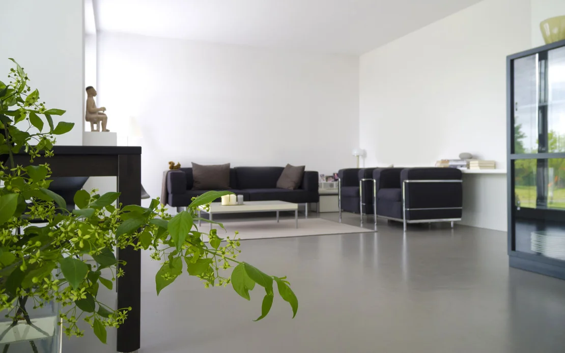 Modernes Wohnzimmer mit Betonboden und schwarzem Sofa. Rechts ist eine Zimmerpflanze sichtbar.